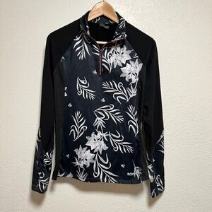 Roxy Long Sleeve Rash Guard Sun Shirt Black White‎ Floral Hawaiian Women Size M